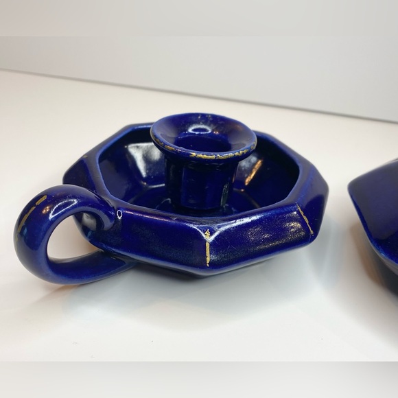 Vintage Brass Cloisonné Match Holder & Candle Holders Colbolt Blue Taper Candle - Picture 8 of 14